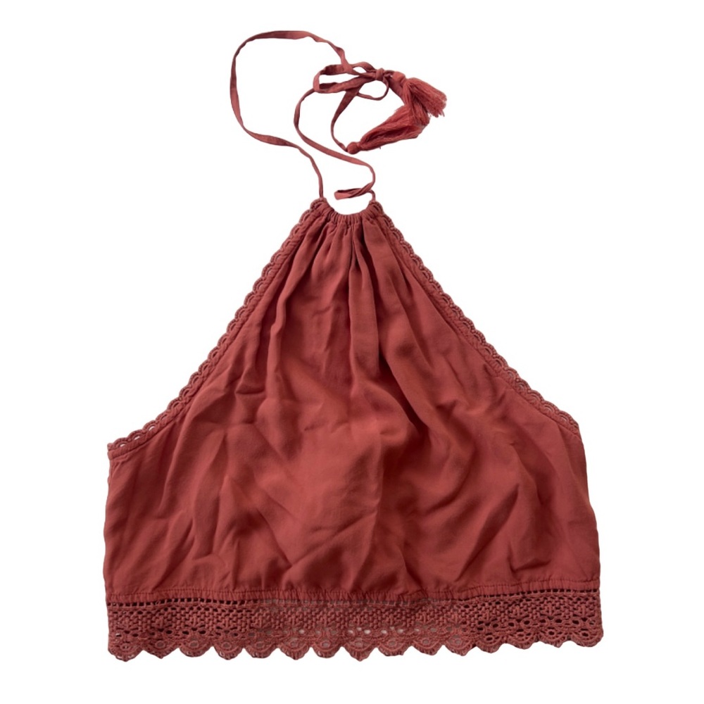 American Eagle Outfitters AEO Rust Halter Crop Top with Lace Trim